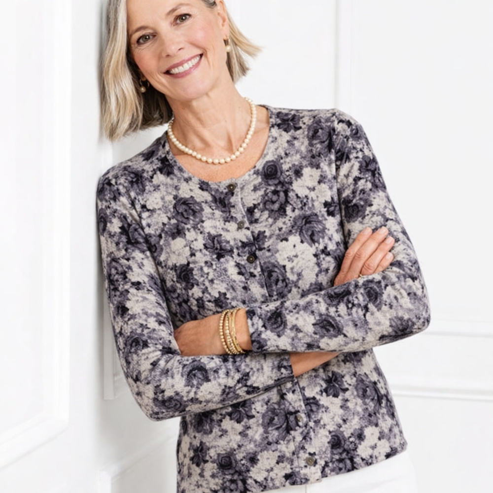 TALBOTS Classic Cardiganp Sweater Floral  Cream Charcoal Grey Black Medium